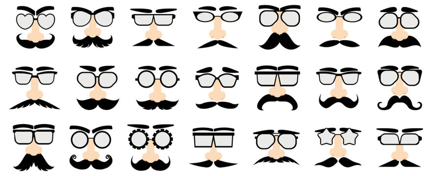 Set of funny disguise with mustache and glasses in a flat design