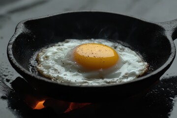 Sunny Side Up Egg Sizzling in Cast Iron Pan on Stove Top Close Up Food Photography Still Life
