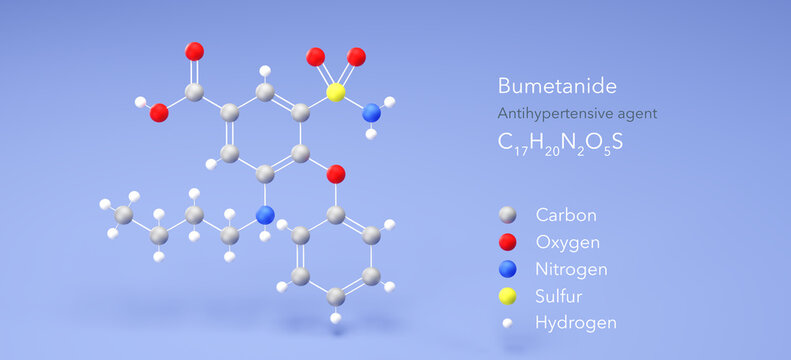 bumetanide molecule, molecular structure, antihypertensive agent model, Structural Chemical Formula and Atoms with Color Coding