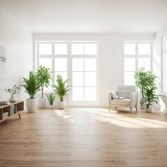 Bright, Minimalist Living Room with Natural Light and Green Potted Plants