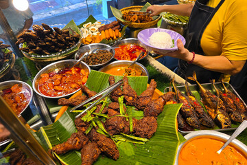 Traditional Malaysian Nasi Lemak Dishes with Assorted Side Dishes