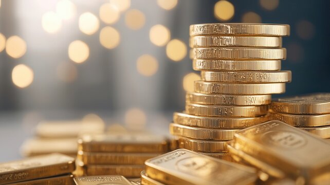 Golden coins ascending with prosperity arrow, symbolizing financial growth rising economic and in contemporary marketplace