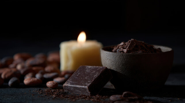 Textured dark scene with cocoa beans, dark chocolate, and candle creates cozy atmosphere