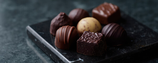 Assorted gourmet dark chocolates on marble slab, rich and indulgent