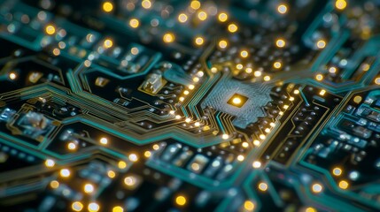 Obraz premium High-tech electronic circuit board featuring a close-up macro view of intricate semiconductor chips linked to motherboard technology components
