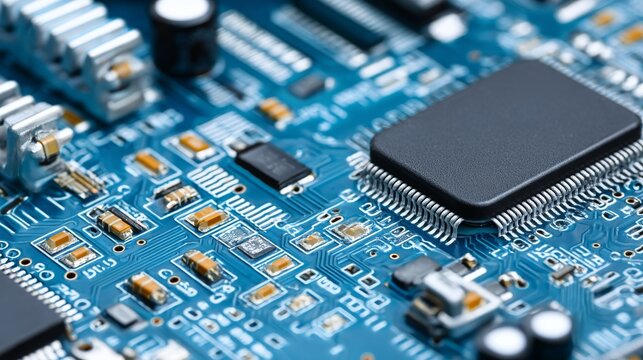 Intricate semiconductor chips connected to motherboard components are visible in a close-up macro view on a high-tech electronic circuit board background