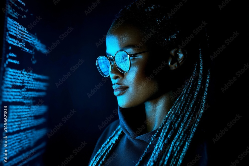Poster in this stock image, a programmer who is an african american woman is seen viewing lines of code on 