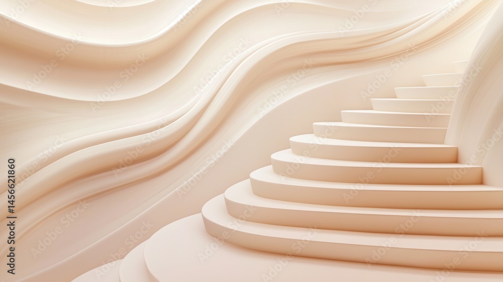 Poster smooth curved staircase rising in a modern abstract architectural space with soft light luxurious fl