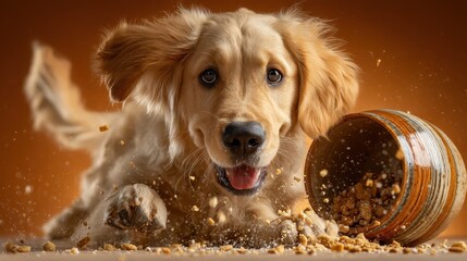 A golden retriever puppy joyfully lunges for a bowl of scattered treats in a warmly lit indoor environment. The playful pup emanates excitement, capturing a heartwarming moment