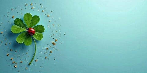 Marienk&auml;fer auf vierbl&auml;ttrigem Kleeblatt mit Goldstaub auf t&uuml;rkisfarbenem Hintergrund