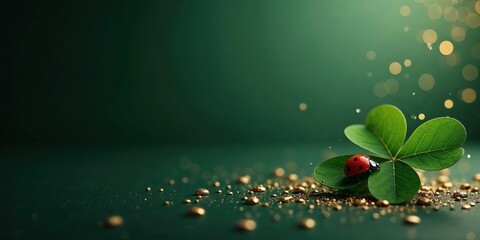 Makroaufnahme: Gl&uuml;cksk&auml;fer auf Kleeblatt im goldenen Glanz