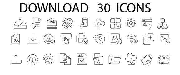 Download set of web icons in line style. Upload and Download linear icon collection. Containing arrow, link, folder, 