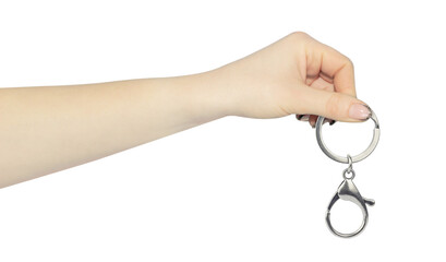 carabiner for carrying keys in hand, outstretched hand with carabiner for carrying keys isolated...