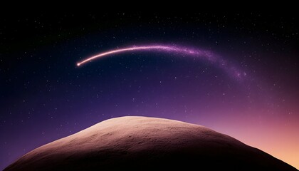 A vibrant comet streaks across a twilight sky, arcing over a softly lit hill.  The scene is serene and mysterious