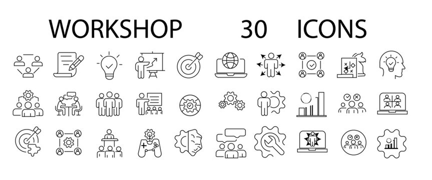 Workshop set of web icons in line style. Business Workshop icons for web and mobile app. Containing team building, teamwork, coaching, meeting, managing, 