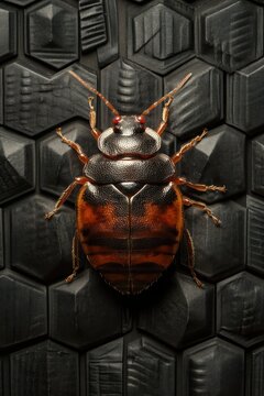 Macro shot of a shield bug on a geometric black background showcasing intricate details and textures