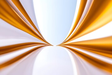 Abstract artwork featuring converging, glossy gold and white stripes creating a tunnel-like effect.  Perspective creates a sense of depth and movement