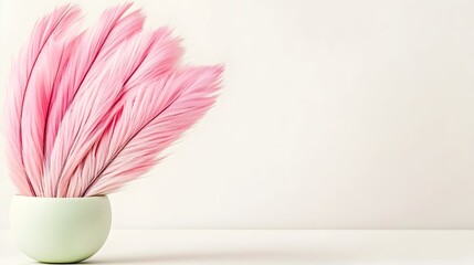 Delicate pink feathers arranged in a pale green bowl against a white backdrop. Minimalist aesthetic