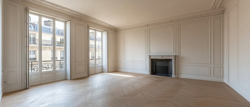 Empty Apartment Interior View in Paris France with Herringbone Wood Floor and Fireplace Architectural Detail
