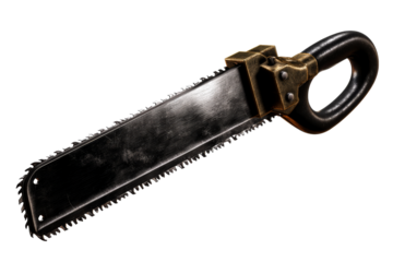 Vintage hand saw with black blade and wooden handle