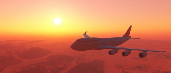 Airplane Flying Above Mountains at Sunset in Red and Orange Sky with Brilliant Sun