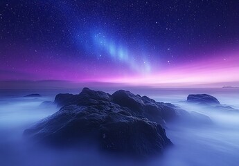 Naklejka premium Beautiful aurora light display over the sea with rocks on the winter Lofoten Islands, Norway landscape. Northern lights in the sky during nighttime. Landscape concept. Blue and purple colors.
