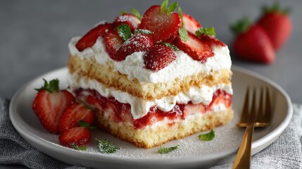 Layers of soft biscuit and whipped cream create a delightful strawberry shortcake, topped with fresh strawberries and mint leaves. Perfect for dessert lovers at any gathering
