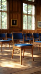 Auditorium's wooden chairs in row, awaiting gathering