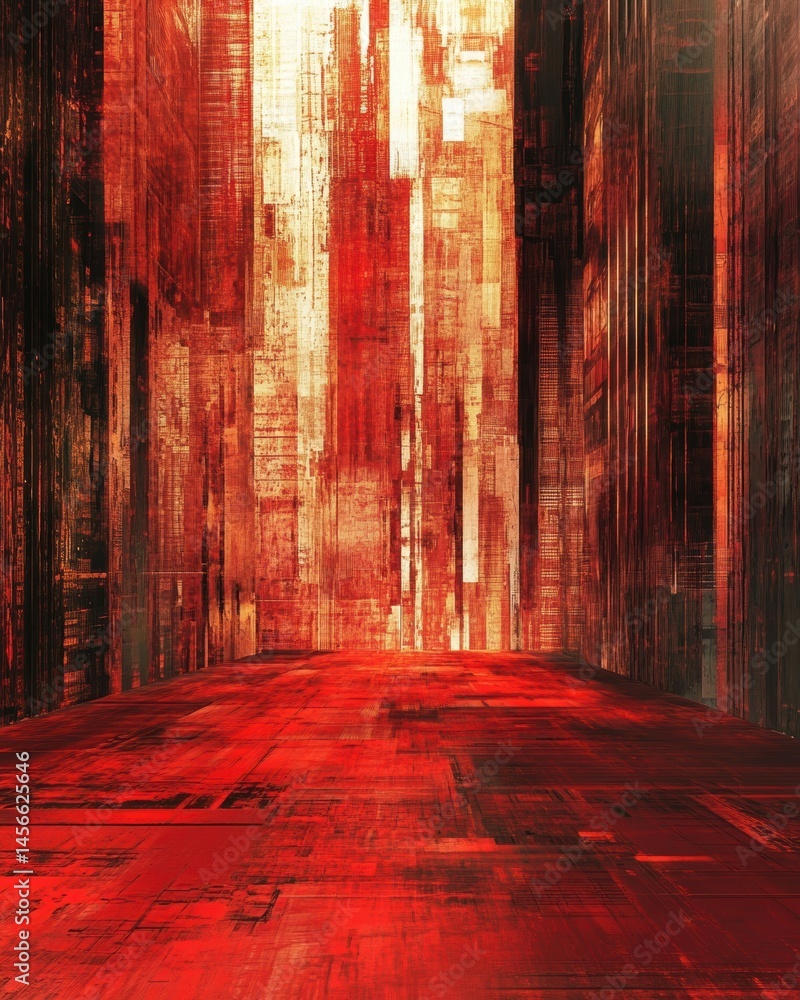 Poster abstract cityscape illustration in red and gold tones perspective view of a futuristic urban environ