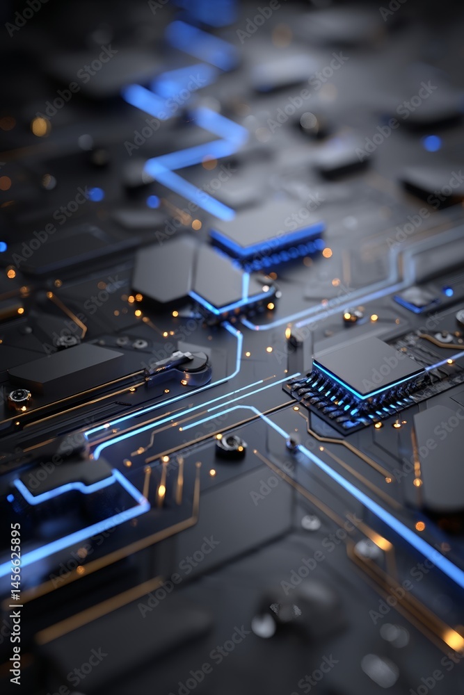 Poster the image features a computer circuit board with blue light trails set against a dark background, ma