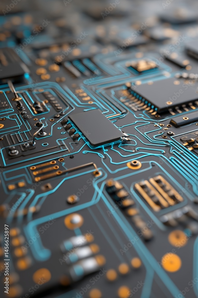 Poster an image created using stock technology depicts a computer circuit board and blue light trails on a 