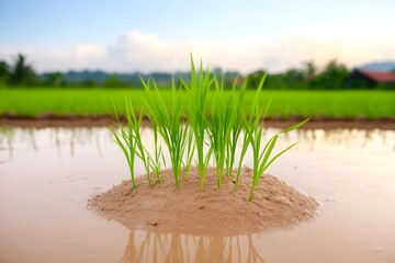 Lush green rice seedlings sprout from a small mound of soil in a flooded paddy field, reflecting in the calm water.  A vibrant green rice paddy stretches beyond