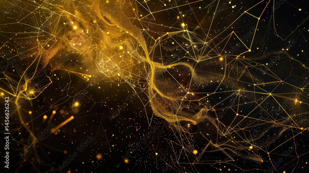 Poster abstract picture of golden particle with sparkle atom style design connect and flow show energy dyna