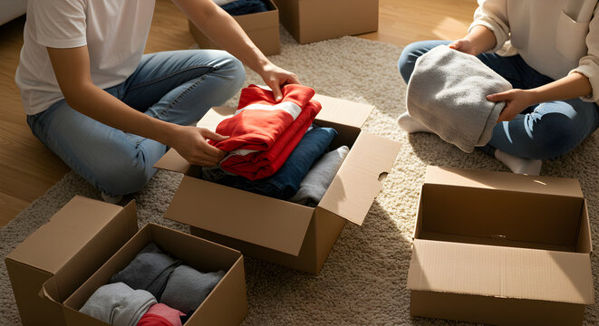 Couple Packing Clothes into Cardboard Boxes on Shaggy Rug in Bright Natural Light During Home Relocation and Organization Process - Powered by Adobe