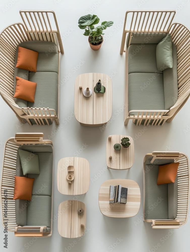 Poster overhead view of modern scandinavian furniture arrangement in a bright studio setting featuring sofa
