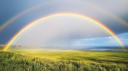 A stunning, multicolored rainbow arcs gracefully over a vibrant green field that lies beneath a cloudy sky