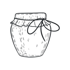 Vector hand-drawn jar of jam or honey in vintage outline style. Ideal for breakfast-themed packaging, cafe branding, and rustic kitchen illustrations.