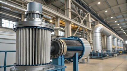 Industrial Filter System Close-up Composition, Cylindrical Filters, Factory Setting, industrial filtration, manufacturing equipment industrial filter, factory equipment