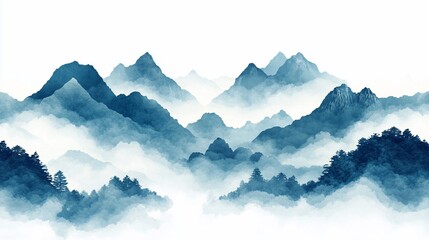 Fototapeta premium Serene blue mountains landscape painting with hazy mist and forest