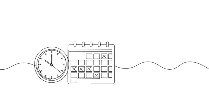 Continuous one line drawing of clock and calendar concept of time and deadline, representing reminder of time and important date, completion of project or task, line art style vector illustration.