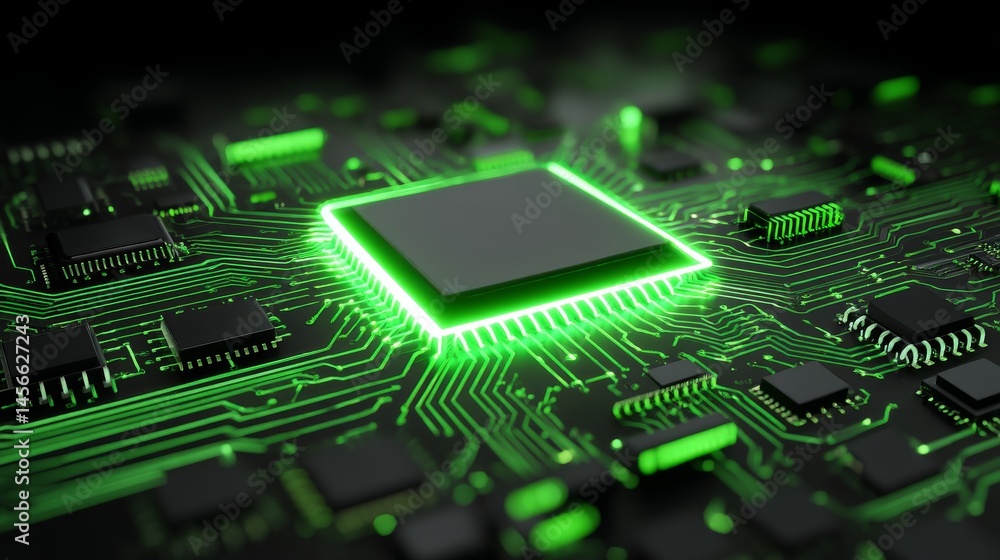 Poster the concept of a futuristic micro processor is represented by a green technology background with a c