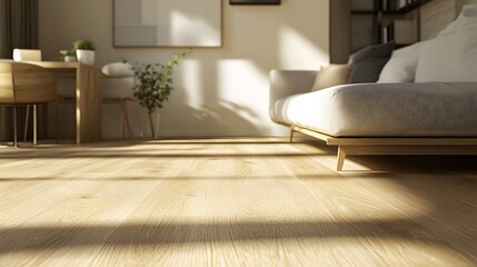 Modern living room interior showcasing warm light and wood flooring.