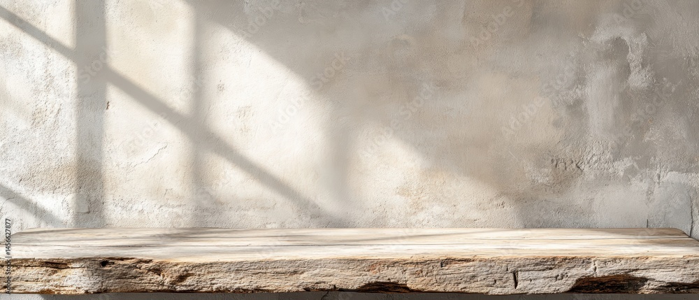 Poster rustic wooden shelf against a textured wall with sunlight shadows product display mockup neutral ton
