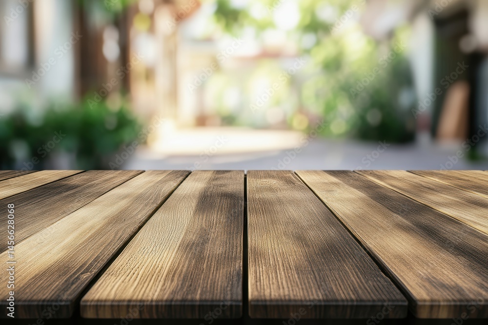 Aufkleber wooden table surface displaying product in outdoor garden setting blurred background perspective sho