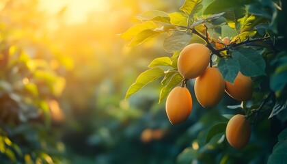 Fresh Yellow Fruits Hanging on Tree Branch in Bright Sunlight
