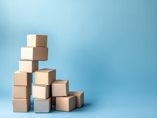 Fototapeta premium Stack of cardboard boxes on blue background studio shot concept of logistics delivery packaging storage organization