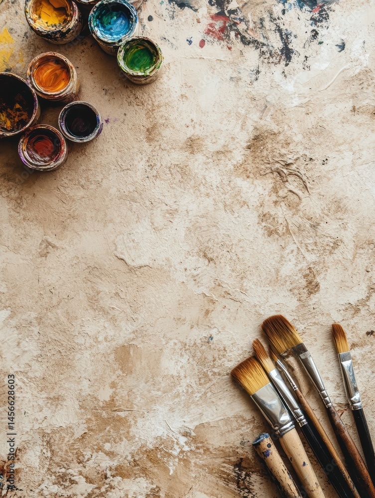 Aufkleber Artistic Workspace with Paintbrushes and Paint Jars on Textured Background for Creative Projects