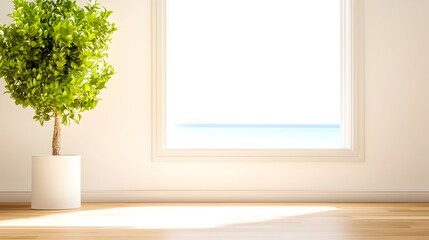 Sunlight streams into a room with hardwood floors, illuminating a potted plant beside a window offering an ocean view