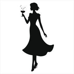 Elegant Vector Silhouette of a Woman Celebrating with a Sparkling Cocktail/A sophisticated silhouette of a woman in a stylish dress, holding a champagne glass with sparkling effects.
