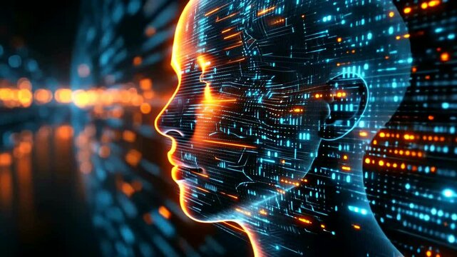 Digital human face, glowing with binary code